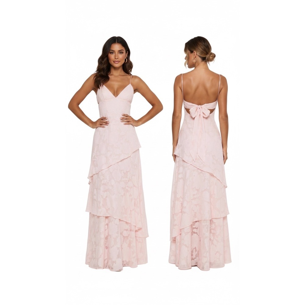 Princess Polly Pink Floral Burnout Tiered Maxi Dress Open Back Bow Formal US 2
